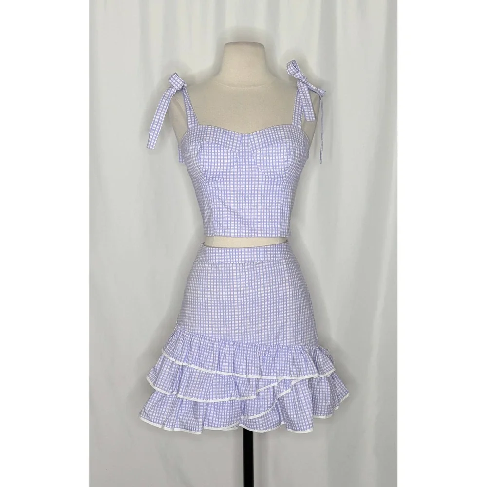 LILLY PULITZER Rosalie Lilac Gingham Crop Top Ruffle Skirt 2 Piece Size 2